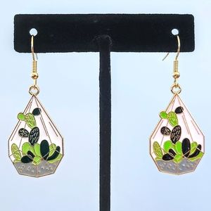 Subtle Delights Handmade Cute Enamel Cactus Terrarium Gold Hook Dangle Earrings